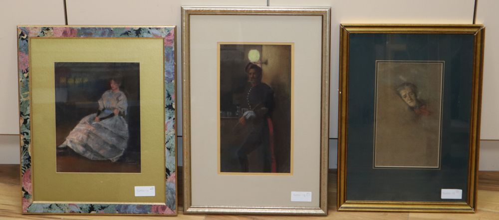 A portrait of a seated lady, signed Proverbs and two other pastel portraits